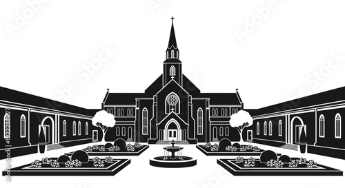 Vector illustration of a grand sacred building with a towering spire, symmetrical architecture, and a serene garden courtyard with a fountain