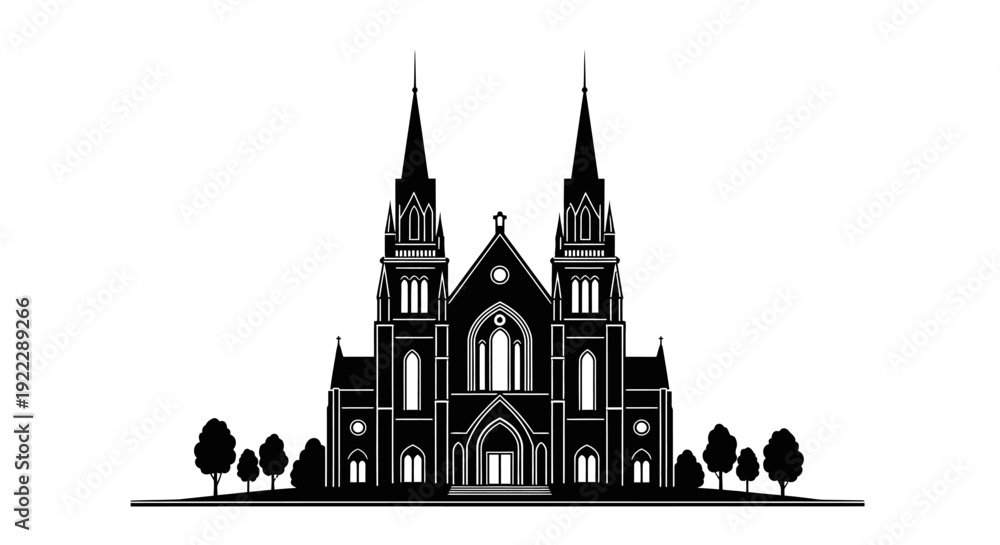 Fototapeta premium A grand gothic style church with two prominent spires and an arched entrance, framed by small trees, rendered in a black and white silhouette