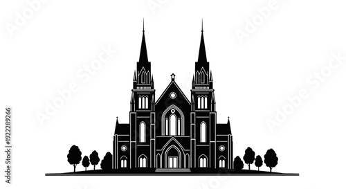 A grand gothic style church with two prominent spires and an arched entrance, framed by small trees, rendered in a black and white silhouette