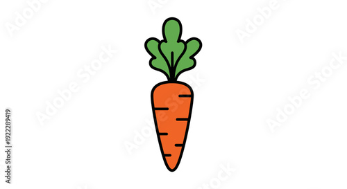 A cartoon illustration of an orange carrot with green leafy top on a white background in a simple graphic style.