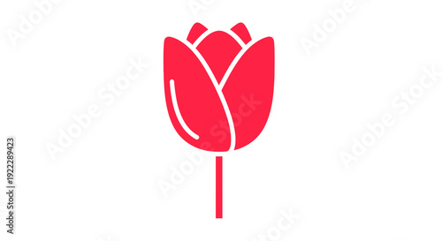 A simple red tulip icon with white lines is centered on a plain white background in a minimalist flat lay style.