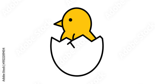 A yellow cartoon chick emerges from a cracked white eggshell on a plain white background in a simple line drawing style.