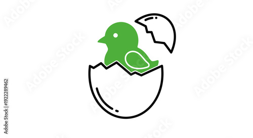 A green cartoon chick emerges from a cracked white eggshell on a plain white background.