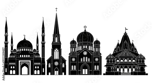 Silhouettes of various religious buildings a mosque, a church, and a Hindu temple, representing diverse architectural styles and places of worship