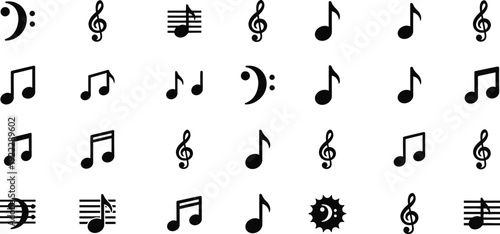 Music Icon set . including Music Note, Musical Note, Treble Clef, Eighth Note, Quaver, Melody, Music Symbol, Sound Icon, Rhythm, Bass Clef  vector silhouette illustration.

