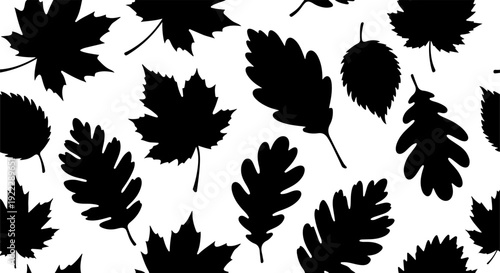 Mixed autumn leaves seamless pattern black silhouette, oak and maple leaf monochrome botanical background, seasonal nature vector wallpaper.