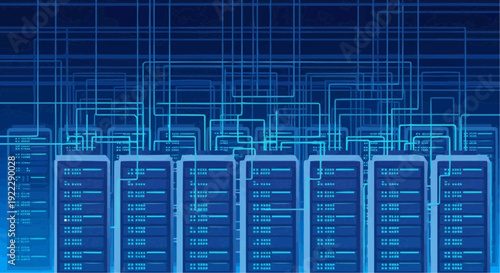 Futuristic server room with glowing blue circuit boards and interconnected networks.