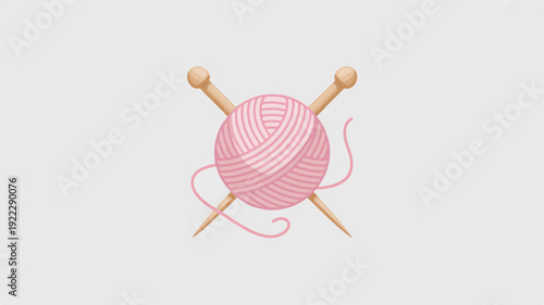 Pink yarn ball with wooden knitting needles on light gray background for craft and hobby concepts