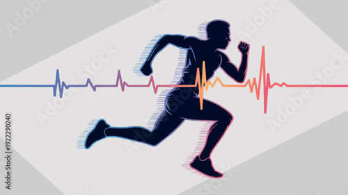 Athlete running with dynamic ecg heartbeat line symbolizing energy fitness and health on a grey background