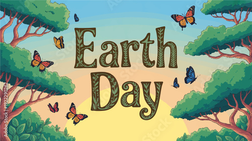 Earth day celebration with butterflies and trees on a sunny background
