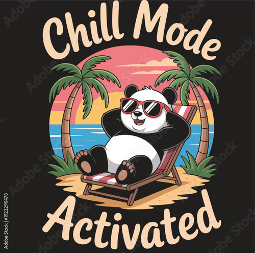 Panda wearing sunglasses relaxing on a beach chair with palm trees and sunset background