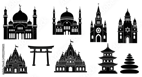 Collection of silhouette icons representing diverse religious architecture from around the world