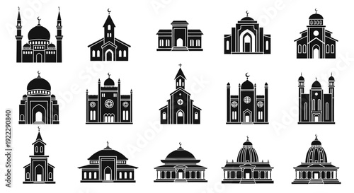 Extensive collection of global religious building icons, illustrating diverse architectural styles and faiths through minimalist black silhouettes for conceptual design projects