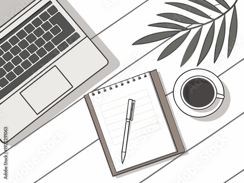 “Minimalistic Office Workspace Flat Lay with Laptop and Coffee Cup”