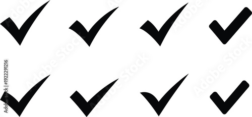 Set of eight black check mark icons on a white background, representing confirmation and agreement