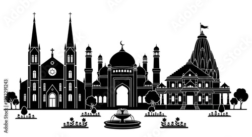 Symbolic Collection of Global Worship Places Silhouettes Illustrating Architectural Diversity and Intercultural Harmony of Religious Landmarks