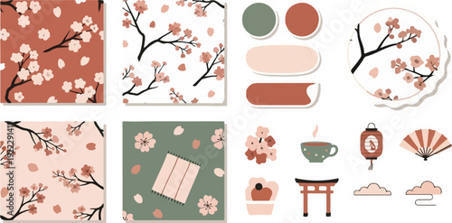 Japanese Sakura Cherry Blossom Collection with Seamless Floral Patterns and Traditional Icons for Spring Hanami Festival