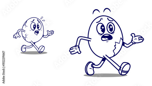 Two cartoon egg characters running in blue lines