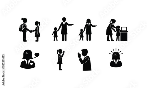Teacher and student vector silhouette illustrations family interaction learning and growth