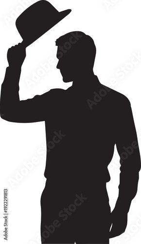 Man tipping hat silhouette vector illustration of classic gentleman pose with line art style