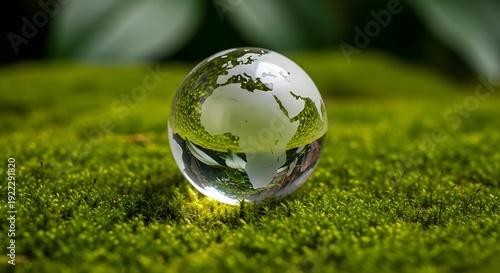 A crystal ball resting on green moss shows a detailed reflection of the Earth