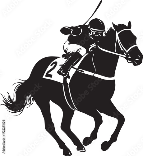 Racehorse with jockey number two vector silhouette, speed and competition line art