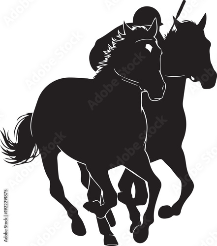 Two racing horses with jockey silhouette vector illustration on transparent background art