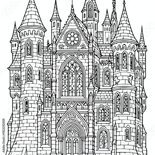 Intricate gothic castle illustration detailed for coloring provides a magnificent architectural fantasy subject for artists.
