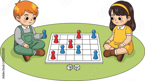 Cartoon illustration of a little boy and girl sitting on a green rug playing a board game with dice and colorful game pieces