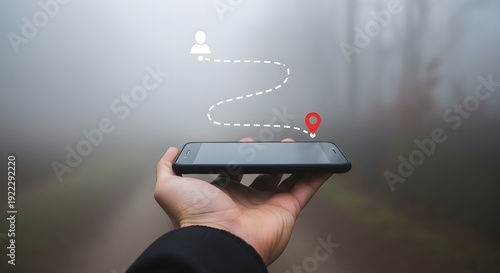 A hand holding a smartphone with location tracking app displayed
