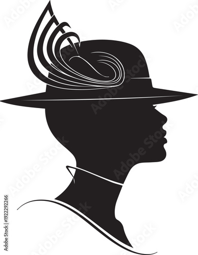 Elegant woman wearing stylish classic hat profile vector silhouette illustration line art