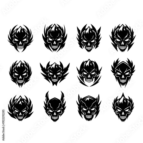Aggressive black skull emblems with menacing expressions