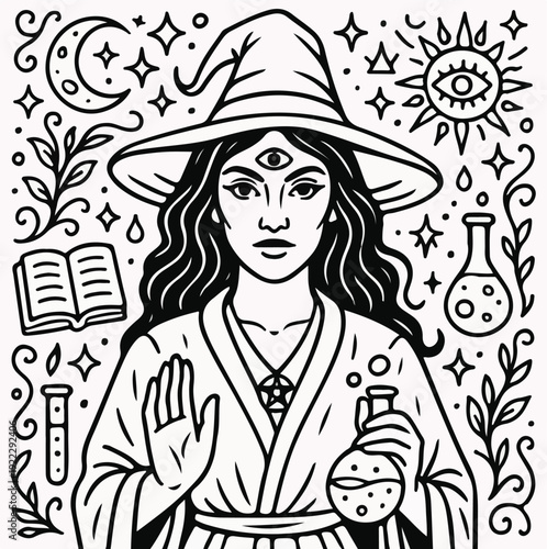 A powerful mystical witch with a third eye gazes forward, holding an ancient potion flask amidst celestial and magical symbols.