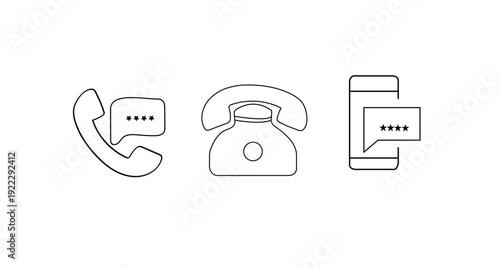 Minimalist line icon set of telephone handset with speech bubble, vintage rotary phone, and smartphone with text message interface