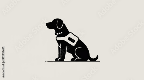 Black dog sitting with service vest on beige background symbolizing assistance and loyalty in a simple graphic style