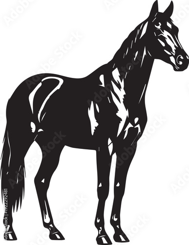 Standing horse vector silhouette illustration line art detailed mane and tail