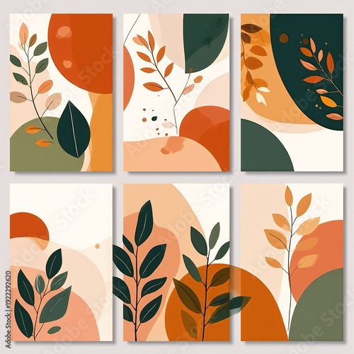 Four abstract paintings featuring stylized leaves and plants in earthy tones, arranged in a grid on a neutral wall