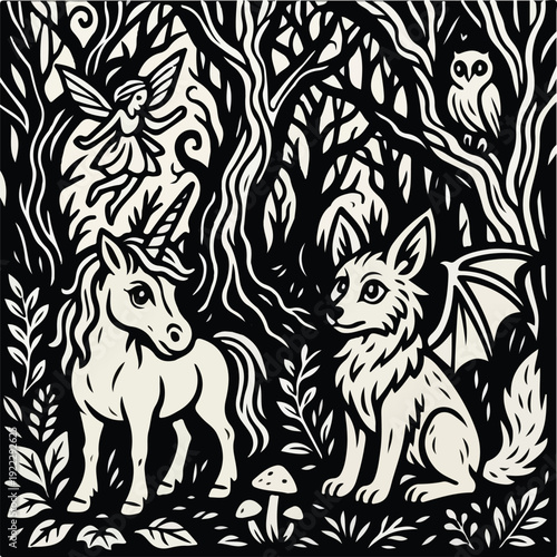 Whimsical black and white illustration depicting an enchanted forest with a unicorn, winged fox, fairy, and an owl among intricate trees.