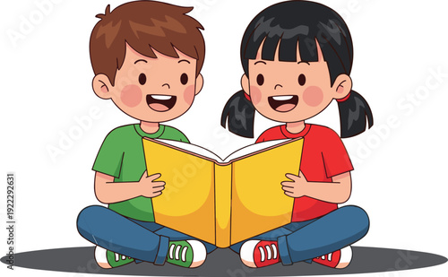 Cartoon illustration of a happy young boy and girl sitting together and reading a yellow book isolated on white for education and literacy concepts