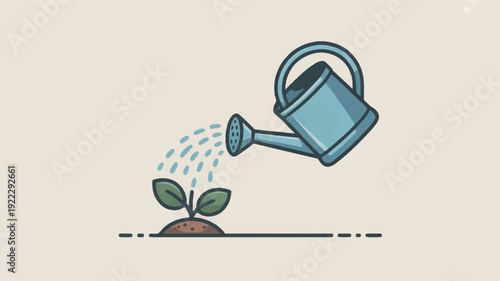 A blue watering can pouring water on a small green plant growing in brown soil on beige background