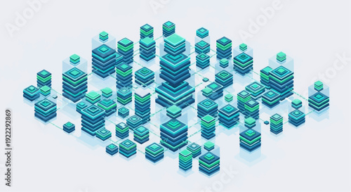 3D rendered blue and green cubes and spheres in a scattered arrangement.