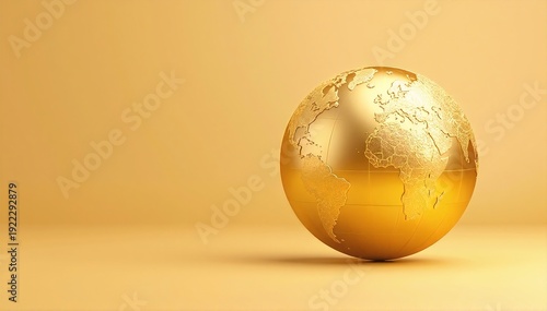 shiny golden globe earth with detailed continents on a smooth yellow background