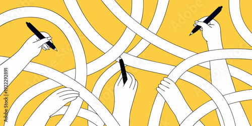 Hands with pens drawing swirling lines on a bright yellow background