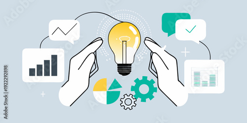 Hands presenting a glowing lightbulb surrounded by business concepts