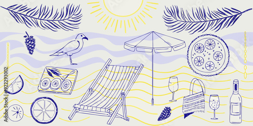A summery scene depicting beach elements with a playful line art style