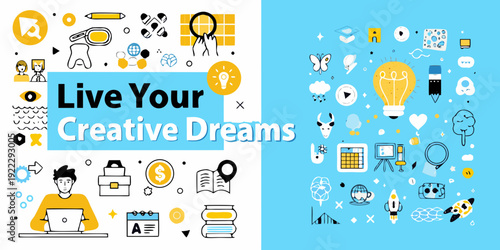 Colorful illustration promoting creative dreams with various icons and text