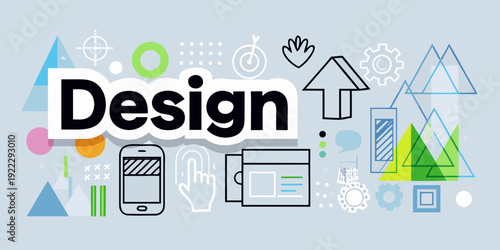 Colorful design elements and icons arranged around the word design