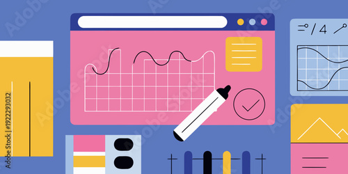 Digital illustration featuring graphs a pen and data visualization elements