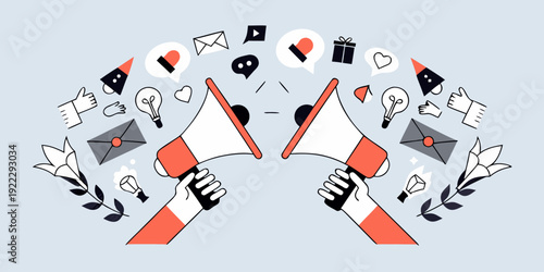 Hands holding megaphones surrounded by social media and communication icons