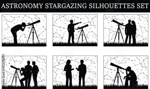 Astronomy stargazing silhouettes set, people observing night sky with telescope, constellation background, educational science activity, black vector illustration isolated